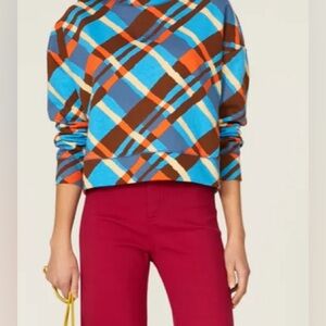 Simon Miller Blue and Brown Multi Plaid Crewneck Sweatshirt/Embroidered Logo - M